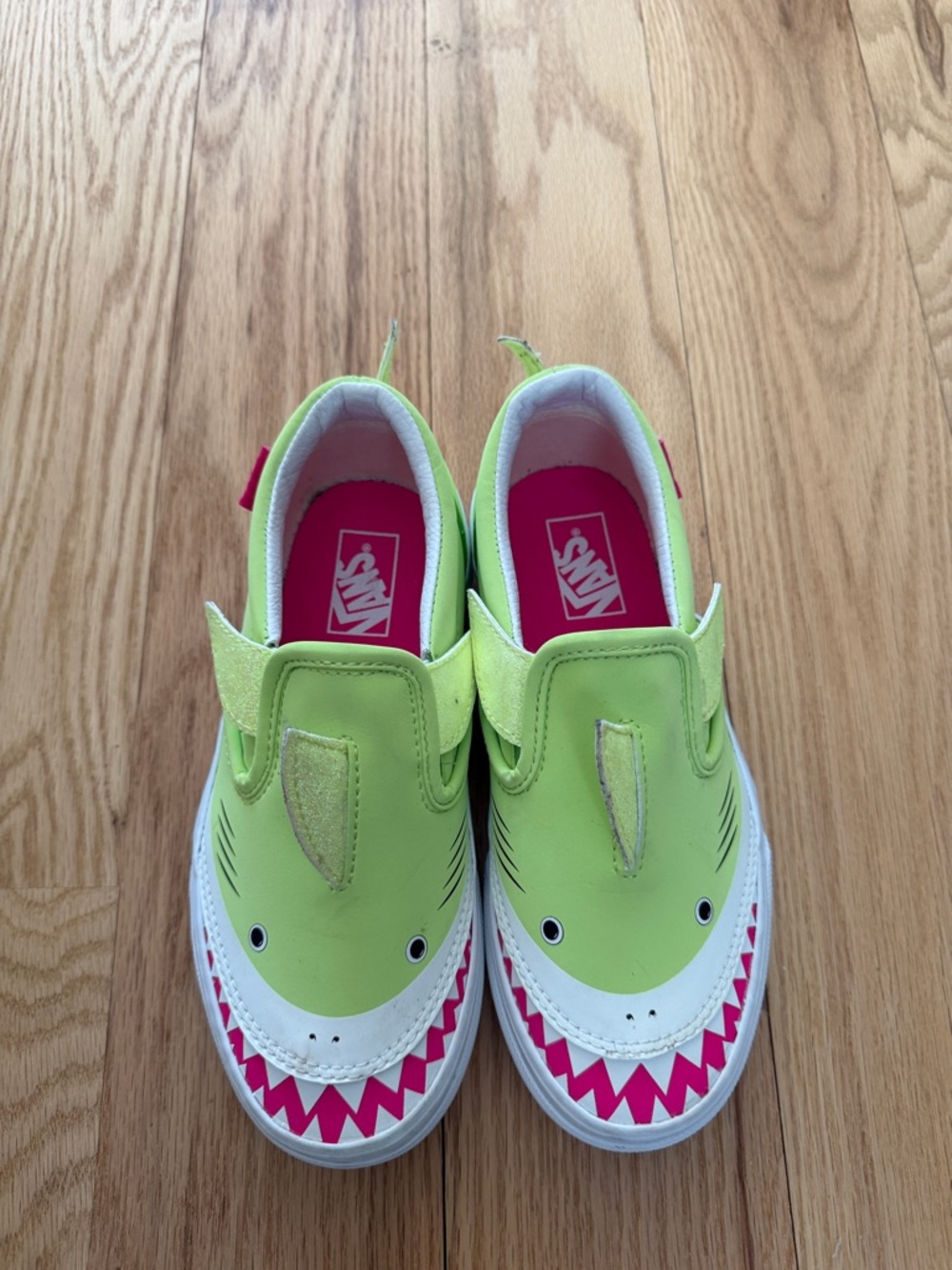 Vans Kids Neon Green and Pink Shark Slip-On Sneakers (youth size 2)